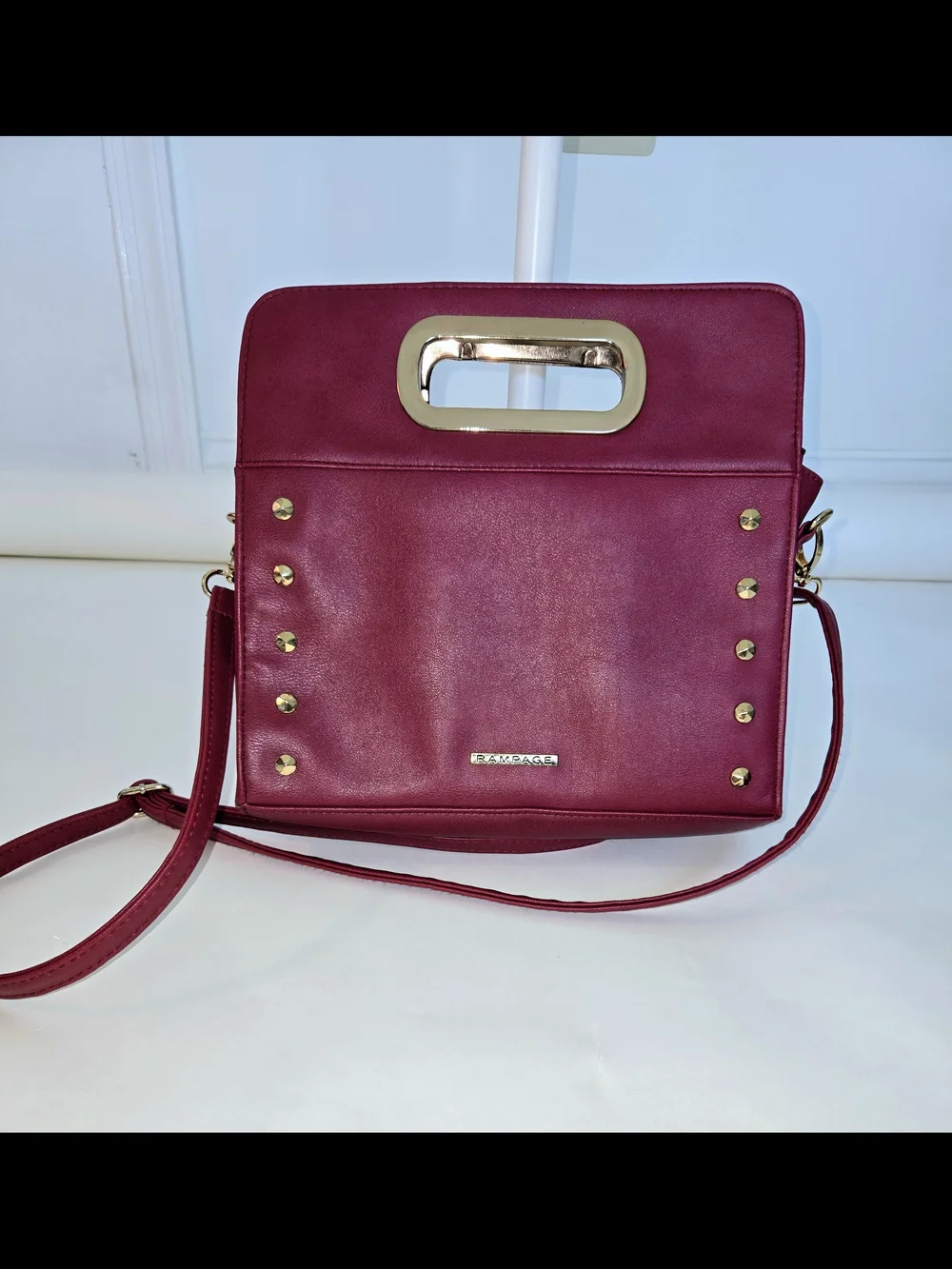 Rampage Red Faux Leather Studded Cutout Handle Convertible Crossbody Clutch Bag